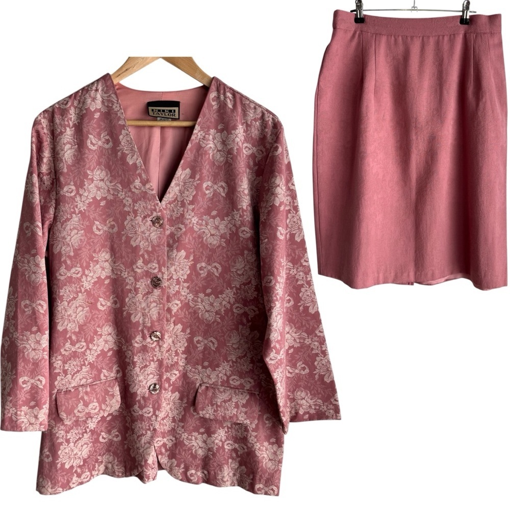 Vintage Niki Taylor Blazer + Skirt Set Sz L Pink Floral Suit Jacket Outfit Girly